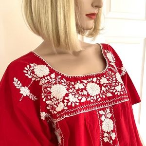 Vintage Mexican Hand Embroidered Caftan Cherry Red Dress White 100% Cotton M